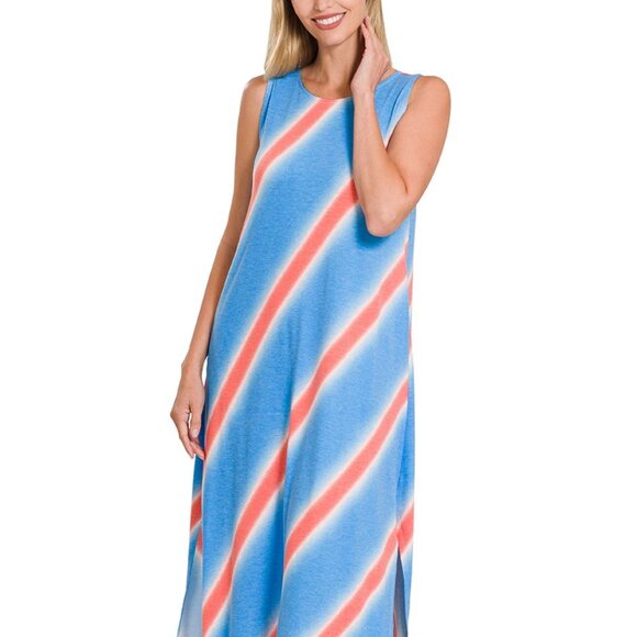 Zenana Candy Stripped Sleeveless Small Maxi Side Slits Pockets Deep Sky Color - Picture 4 of 4